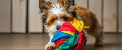 Perro jugando con una pelota colorida de tela