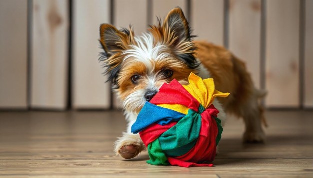 Perro jugando con una pelota colorida de tela